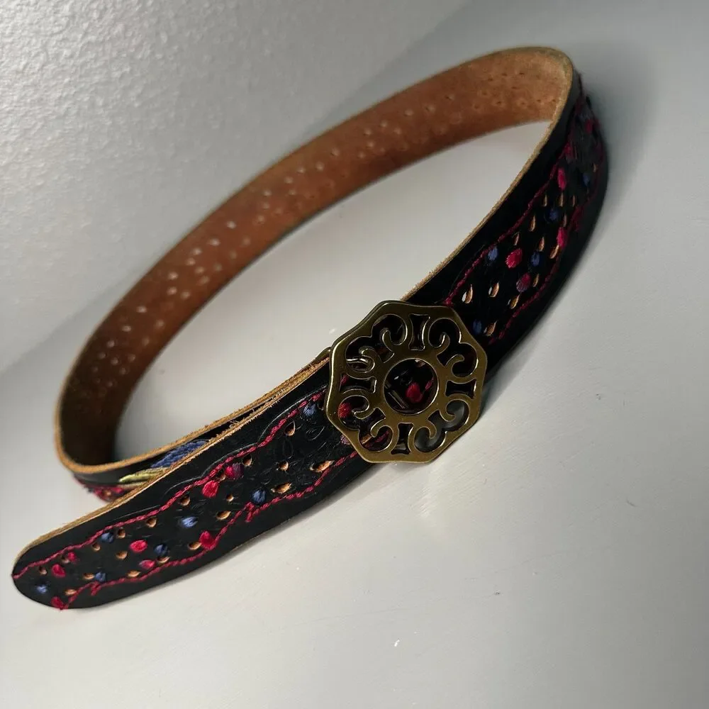 Lucky Brand Embroidered Peacock Black Leather Belt Large Studs Boho